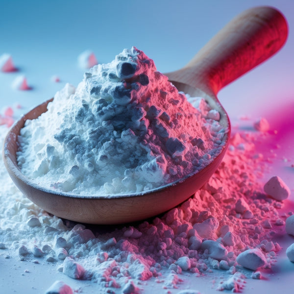 White powder in a wooden scoop with a colorful gradient background